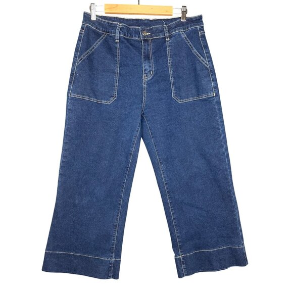 Womens Cropped Wide Leg Jeans XL High Waist Pants Dark Wash Stretch - Picture 2 of 7